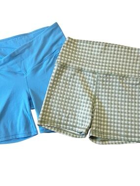 aerie & Fabletics Blue Bike Shorts & Green Gingham Bike Shorts M